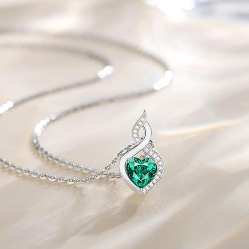 14K White Gold Heart-Shaped Birthstone Necklace with Diamond Pendant, Birthday Gift, Perfect for Mom or Other Women, Sterling Silver Chain