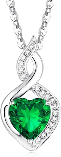 14K White Gold Heart-Shaped Birthstone Necklace with Diamond Pendant, Birthday Gift, Perfect for Mom or Other Women, Sterling Silver Chain